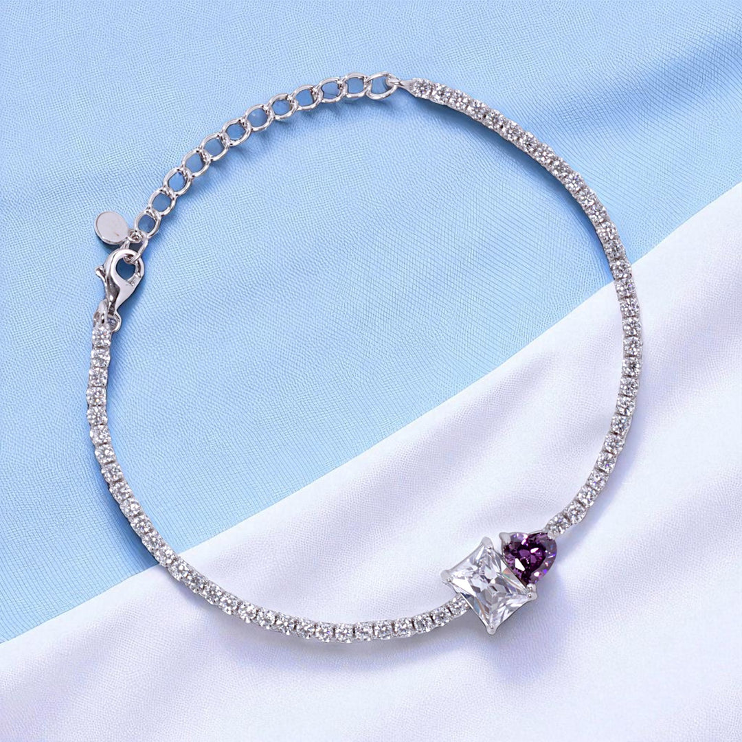 925 Sterling Silver Square Violet Heart Cz Bracelet For Women