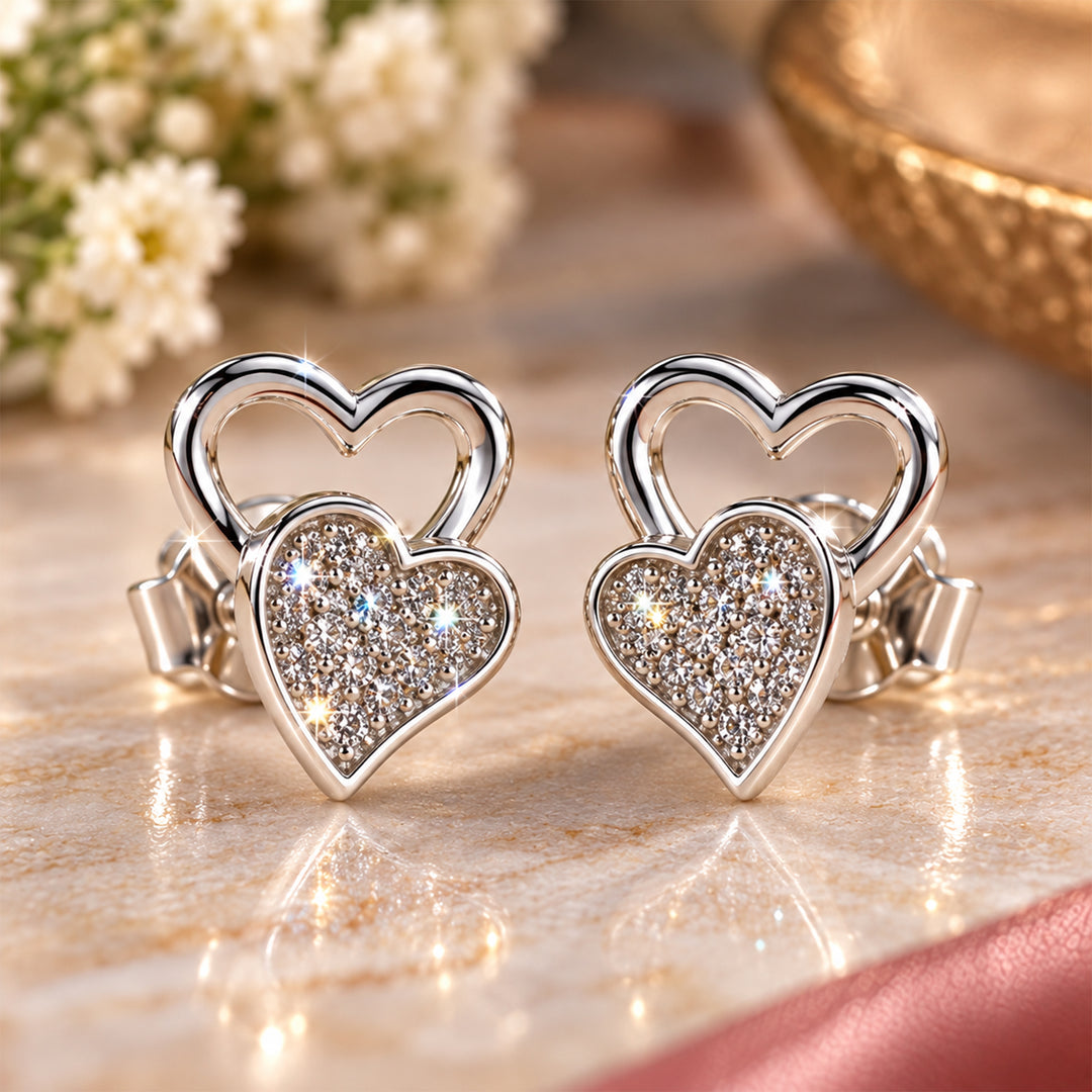 925 Sterling Silver Glitter Double Heart Earrings for Women