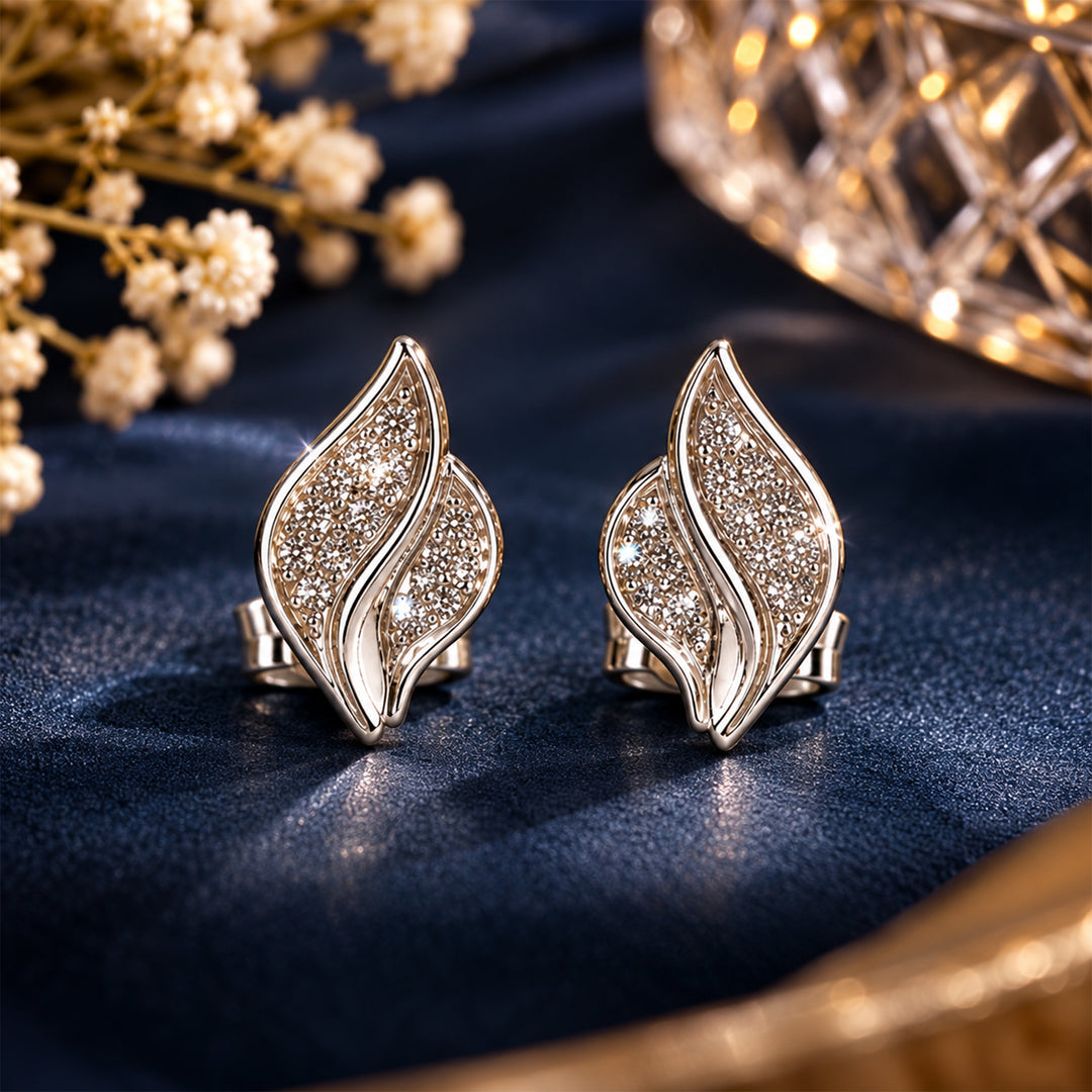 925 Sterling Silver Glitter Twisted Leaf Stud Earrings for Women