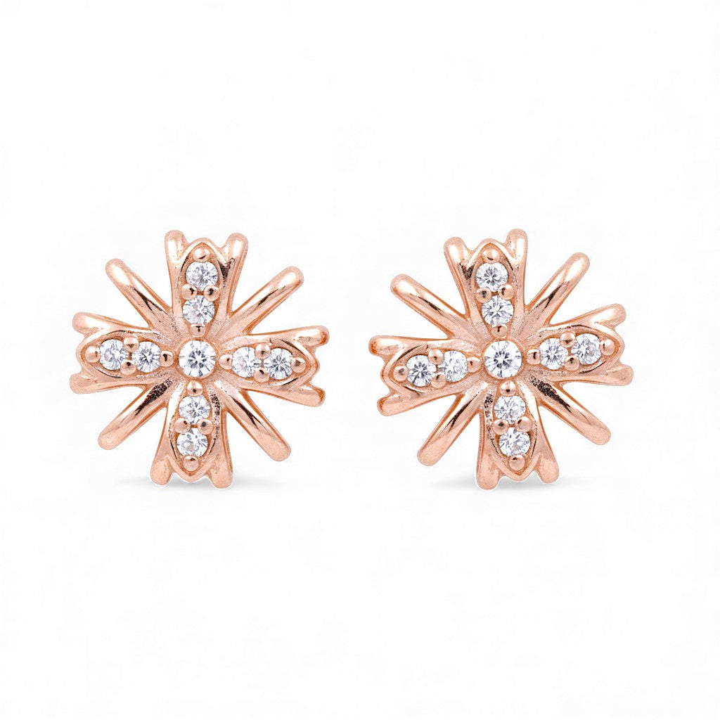 925 Sterling Silver CZ Floral Motif Rose Gold Plated Stud Earring for Women