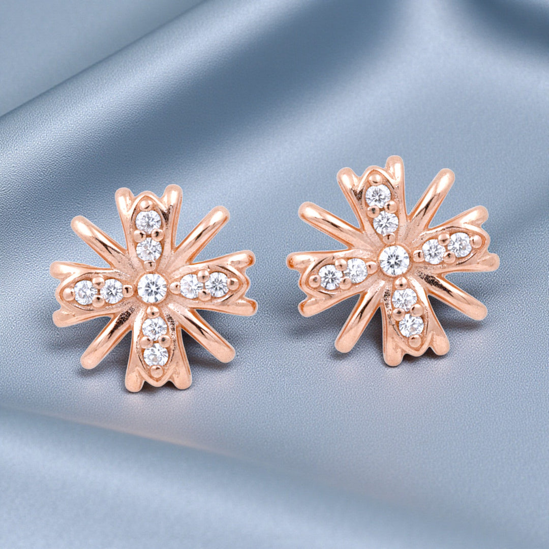 925 Sterling Silver CZ Floral Motif Rose Gold Plated Stud Earring for Women