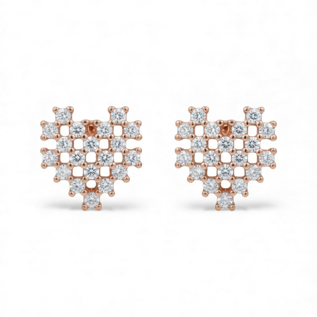 925 Sterling Silver CZ Heart Grid Rose Gold Plated Stud Earring for Women