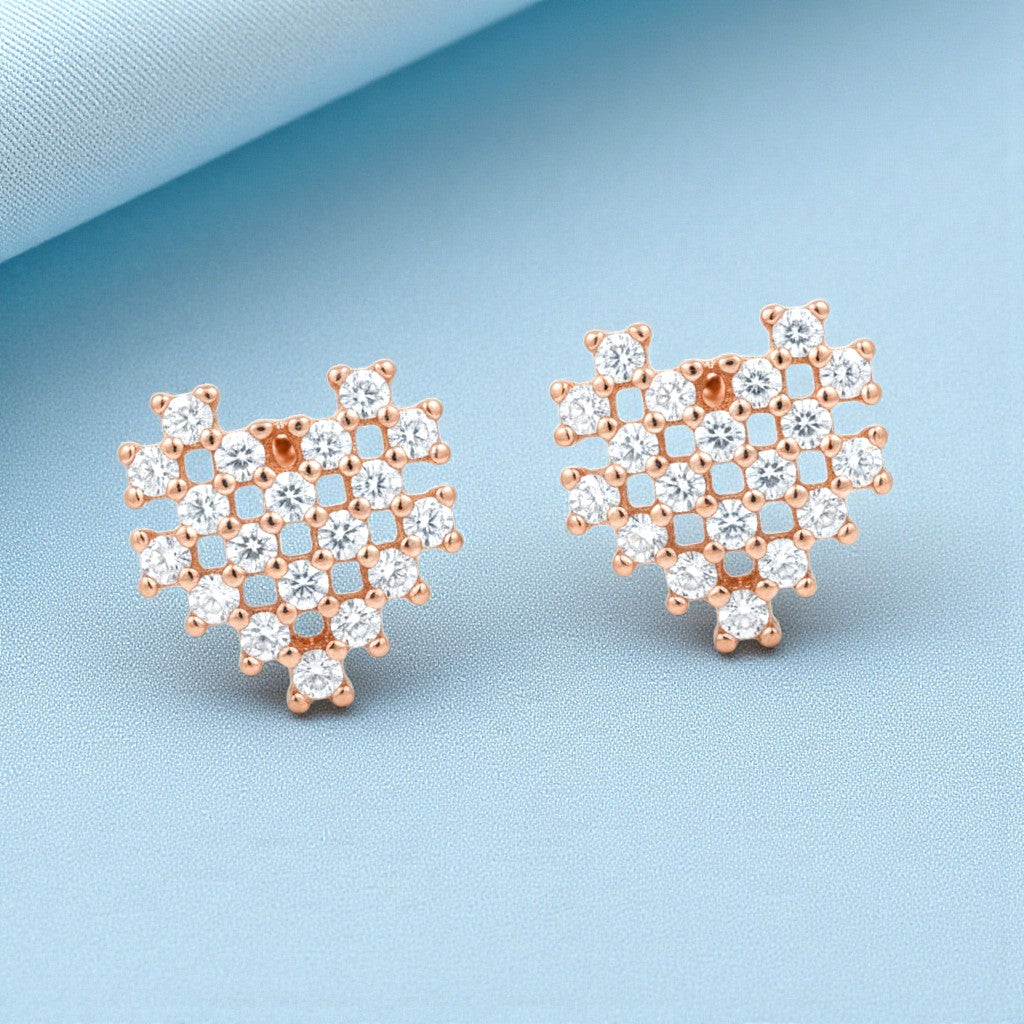 925 Sterling Silver CZ Heart Grid Rose Gold Plated Stud Earring for Women