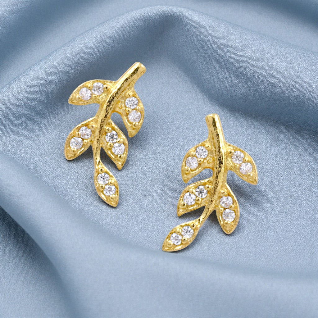 925 Sterling Silver Gold-Plated CZ Leaf Stud Earring for Women