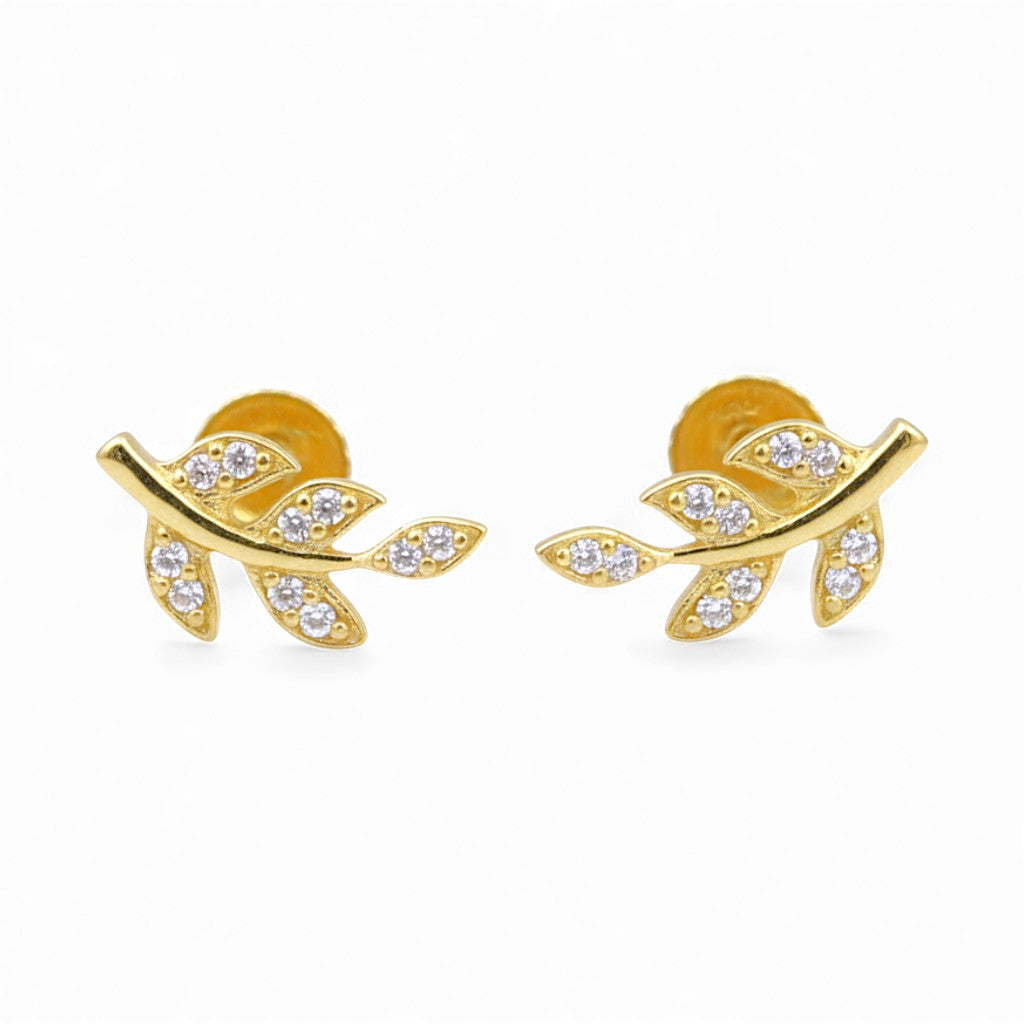 925 Sterling Silver Gold-Plated CZ Leaf Stud Earring for Women