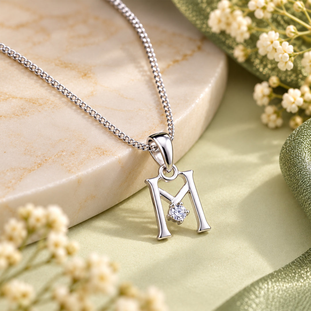 925 Sterling Silver M Letter Pendant with Chain for Unisex