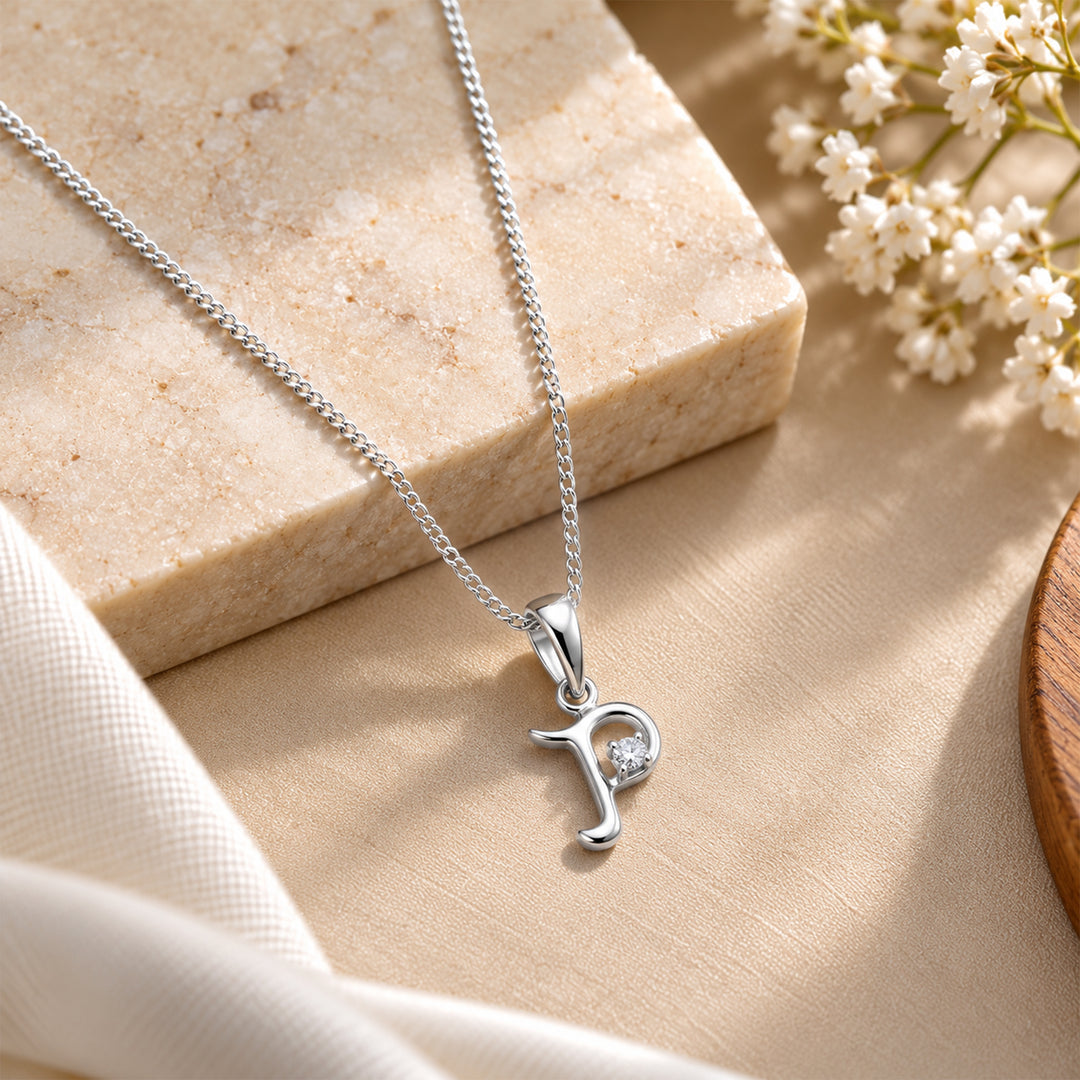 925 Sterling Silver P Letter Pendant with Chain for Unisex