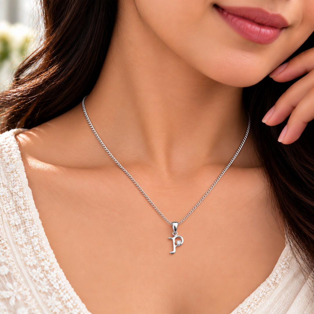 925 Sterling Silver P Letter Pendant with Chain for Unisex
