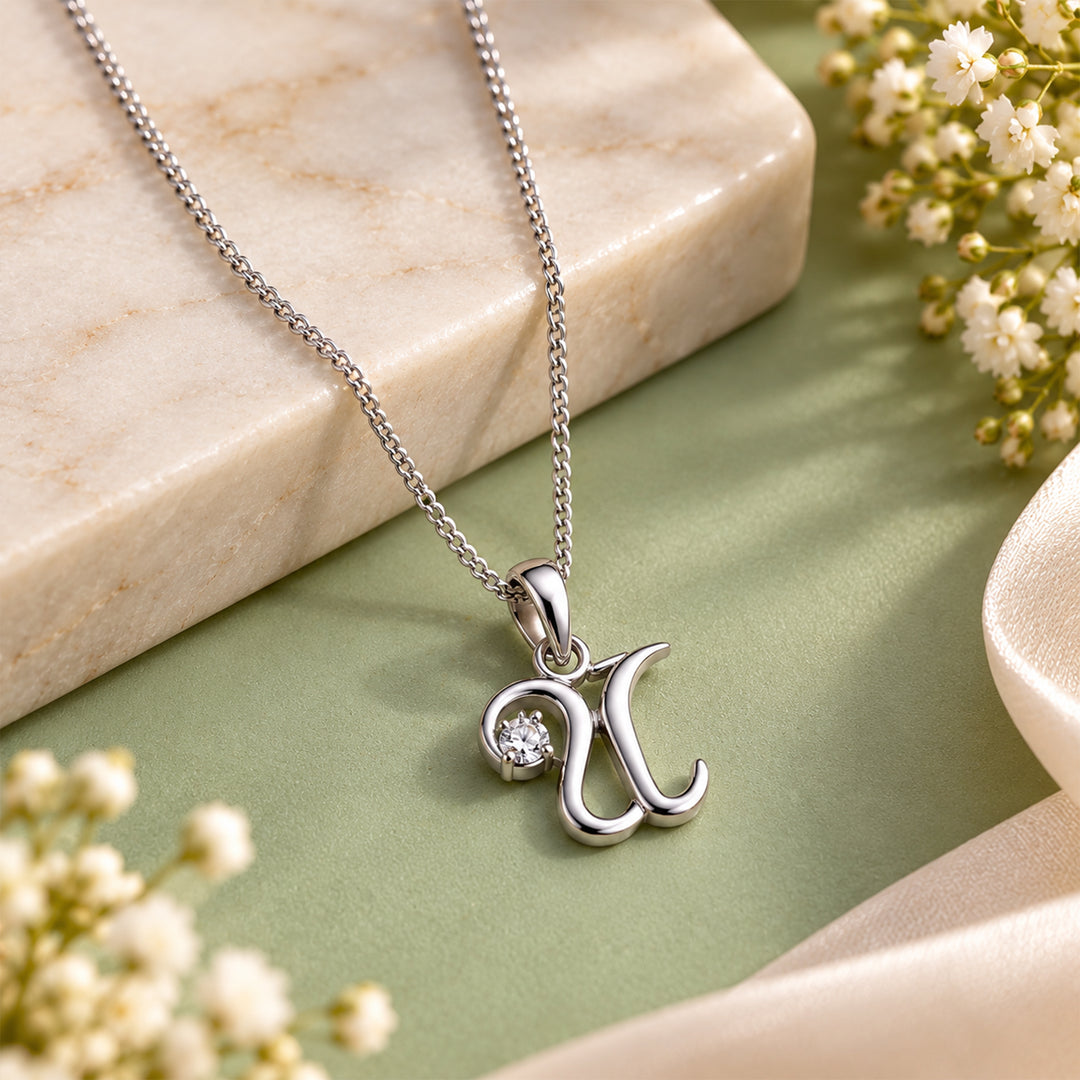 925 Sterling Silver U Letter Pendant with Chain for Unisex