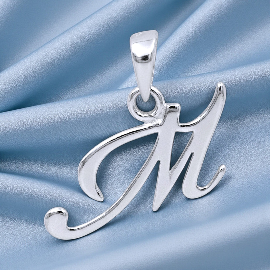 925 Sterling Silver Plated Silver M Letter Cursive Pendant for Men and Women