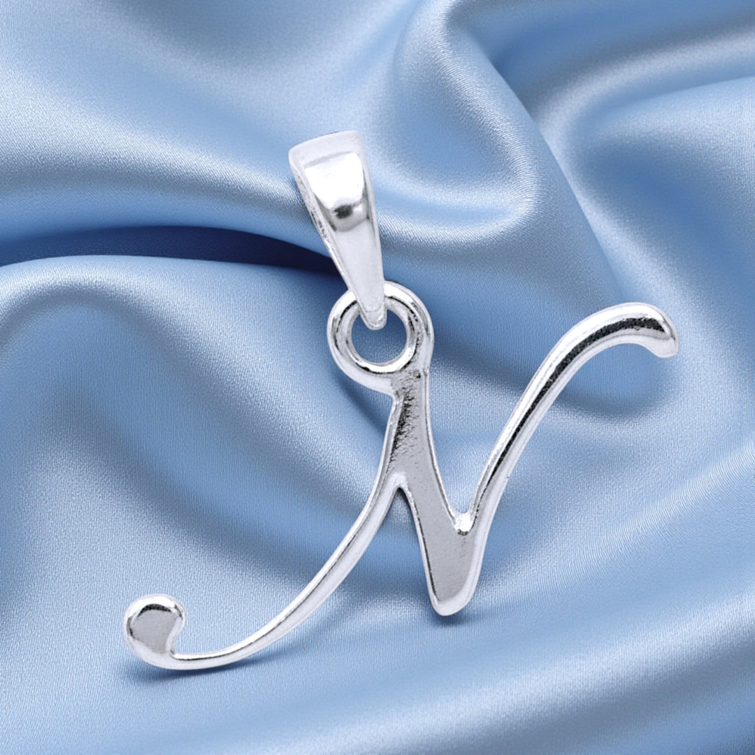 925 Sterling Silver N Letter Cursive Pendant for Men and Women | Silver Plated Alphabet Pendant with Stamp