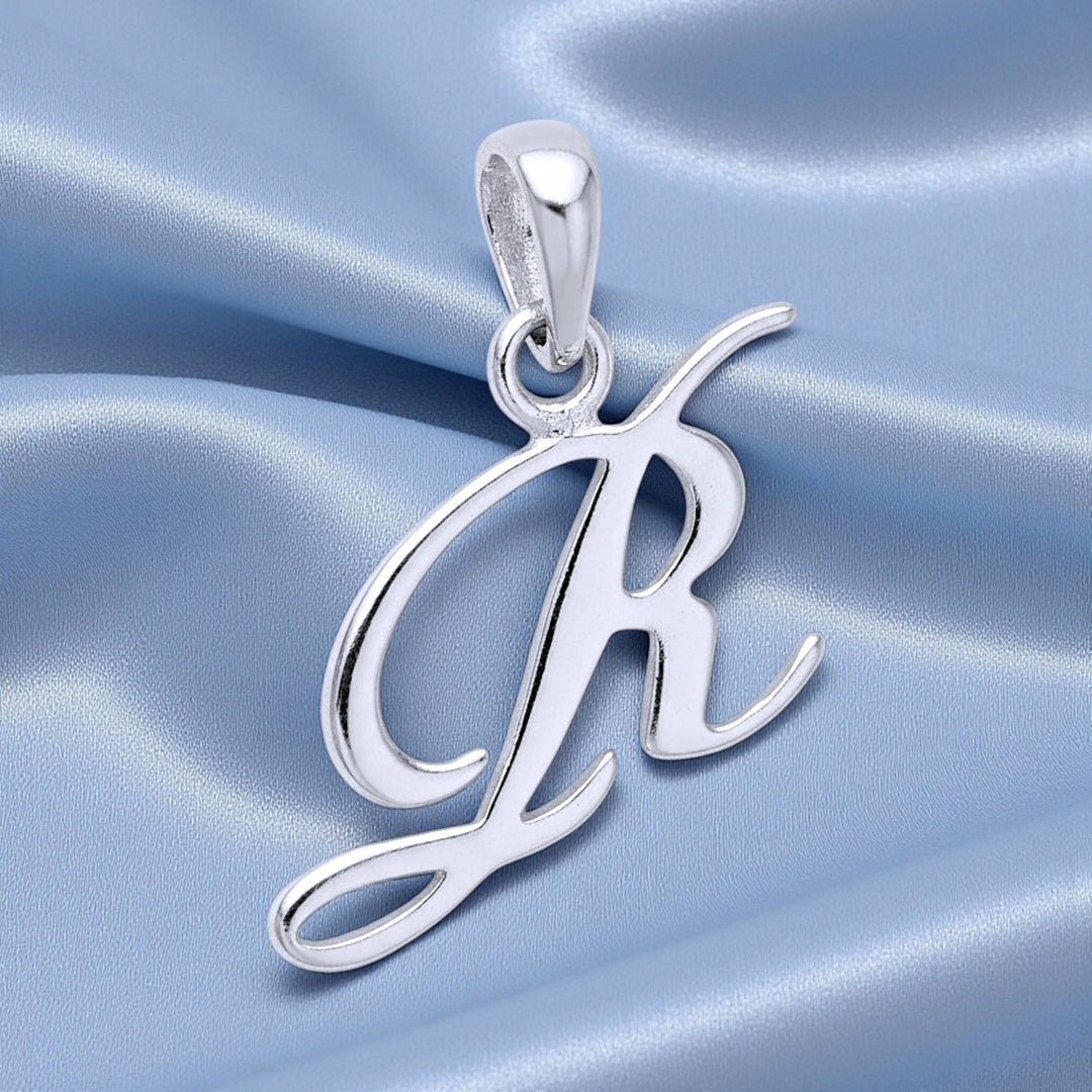 925 Sterling Silver R Letter Cursive Pendant for Men and Women | Silver Initial Pendant with Elegant Box