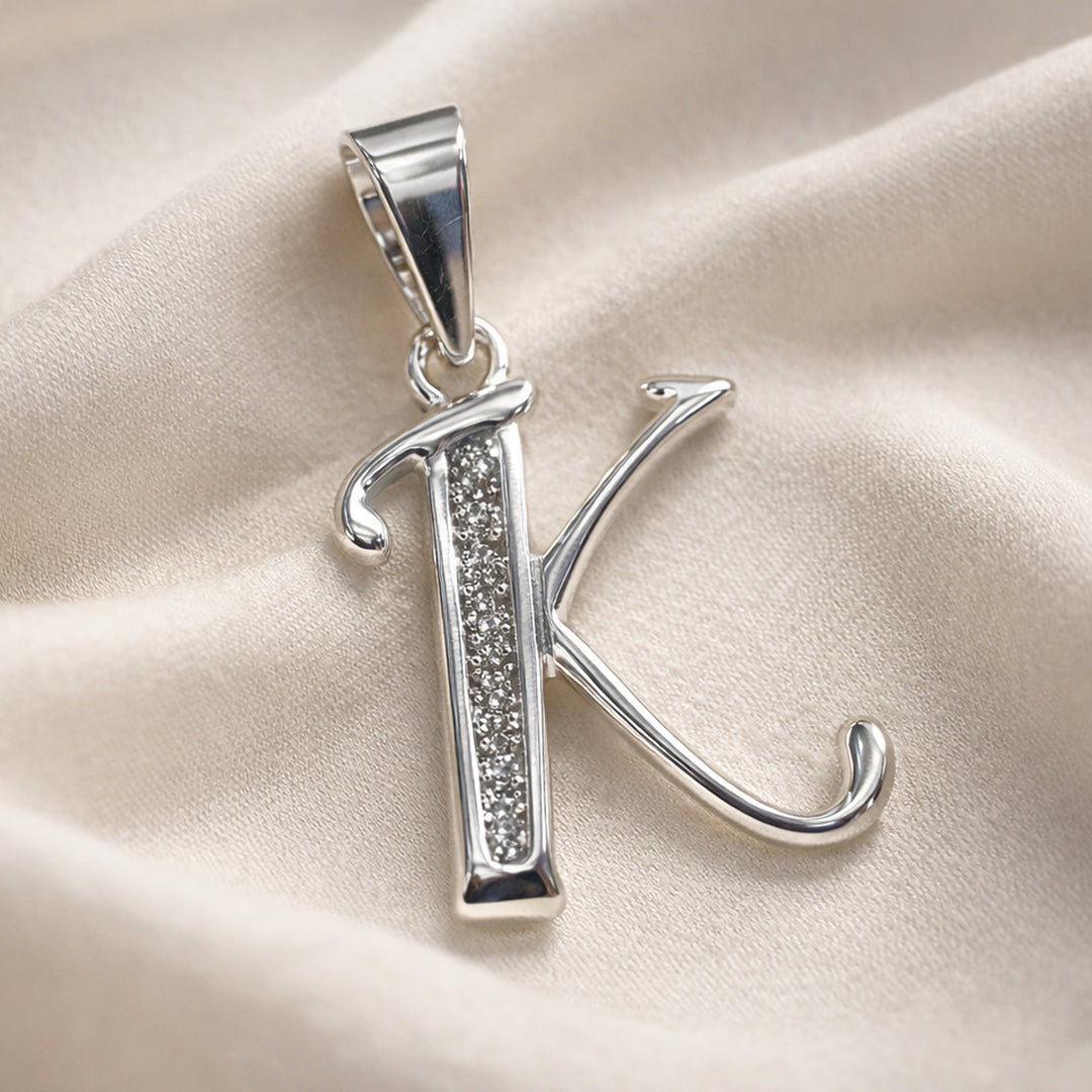 925 Sterling Silver Glittered K Alphabet Pendant for Men and Women