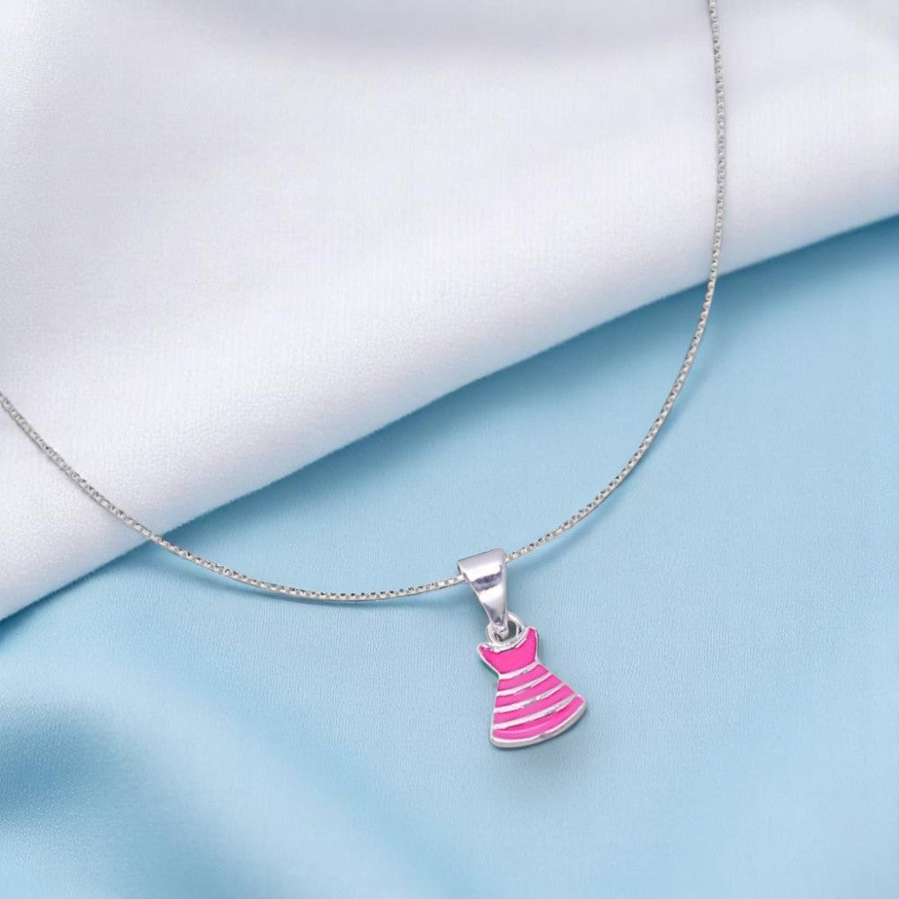 925 Sterling Silver Pink Dress Pendant With Chain for Girls