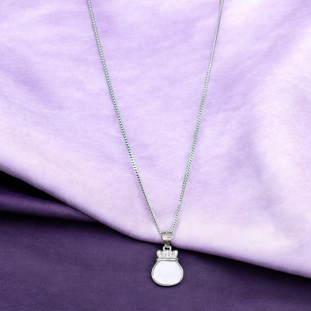 925 Sterling Combo Of Silver Pink Mother of Pearl Crown Shaped Pendant with Chain