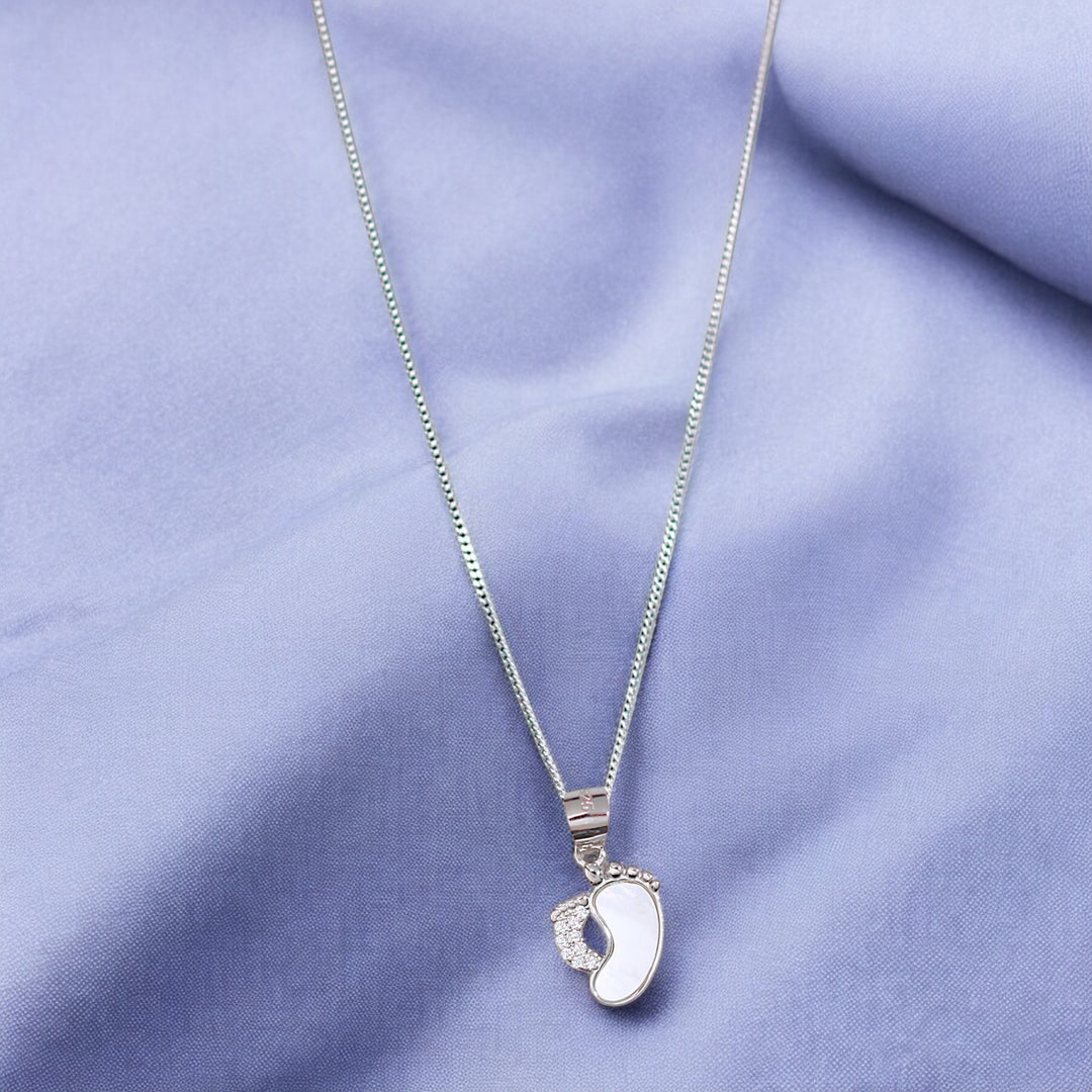 925 Sterling Combo Of Sterling Silver Pink Mother of Pearl Footprint Pendant with Chain