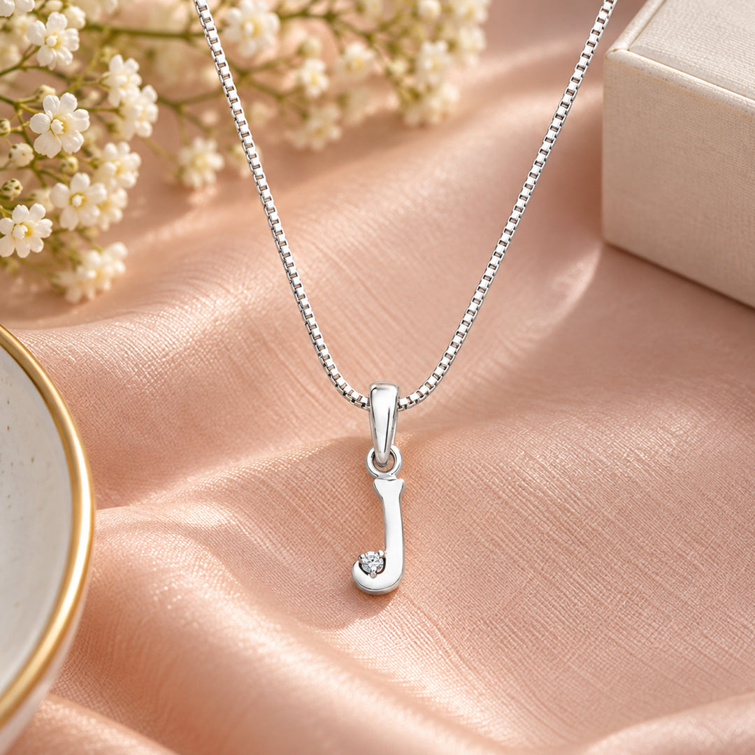 Taraash 925 Silver J Alphabet Pendant Set Unisex with CZ & Rhodium