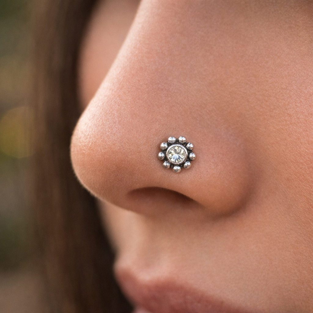 Taraash 925 Sterling Round Nose Ring  | Silver Nath | Fancy Nosepin For Women & girls