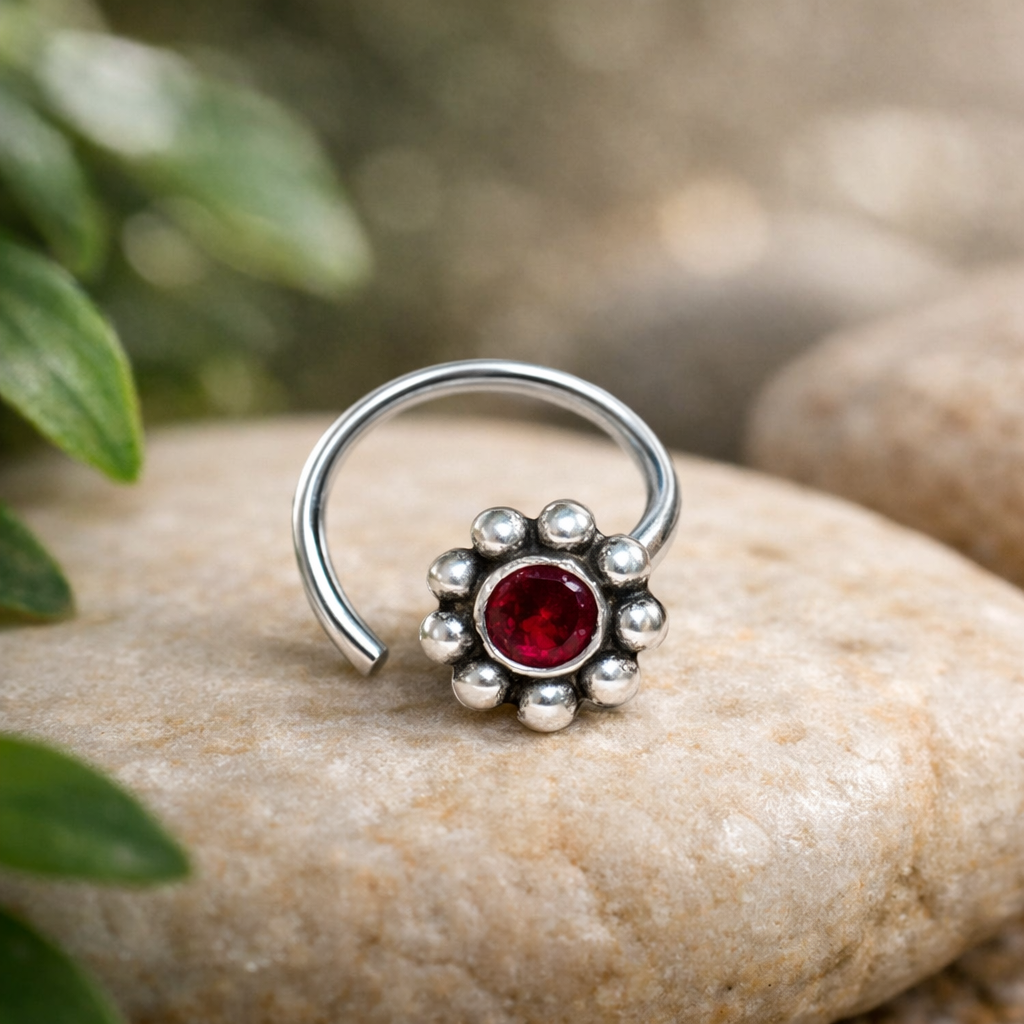 Taraash 925 Sterling Round Nose Ring  | Silver Nath | Fancy Nosepin For Women & girls