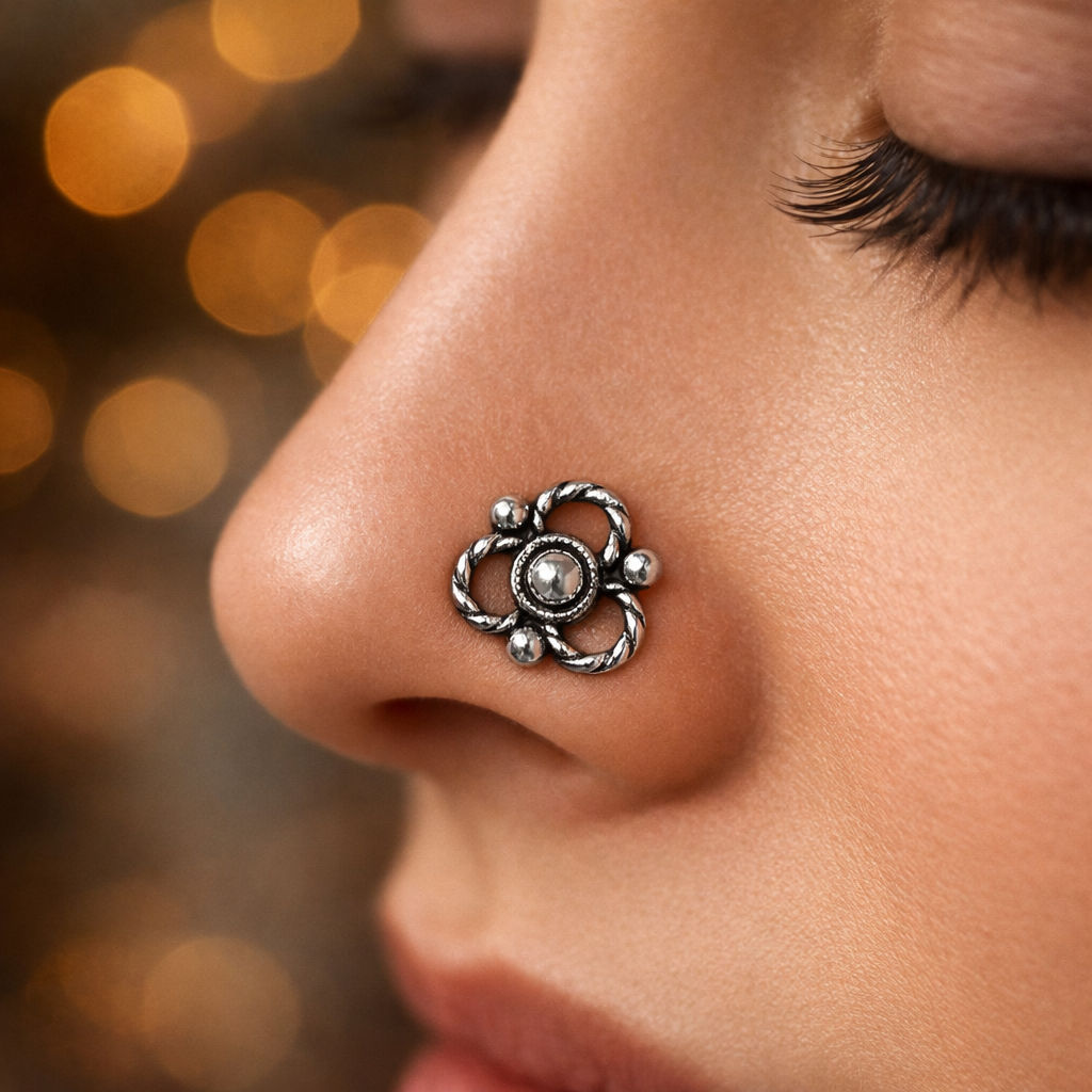 Taraash 925 Sterling Floral Nose Ring  | Antique Silver Nosepin | Fancy Nosepin For Women & girls