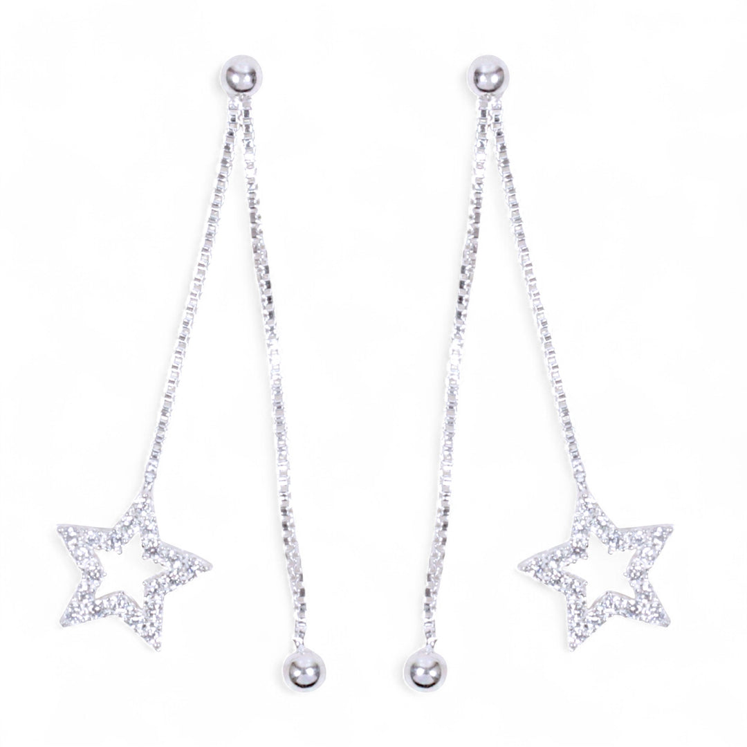 925 Sterling Silver CZ Star Dangling Chain Earrings for Women