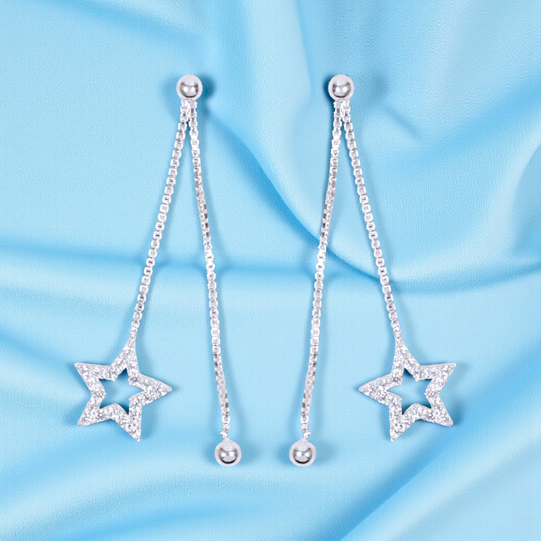 925 Sterling Silver CZ Star Dangling Chain Earrings for Women