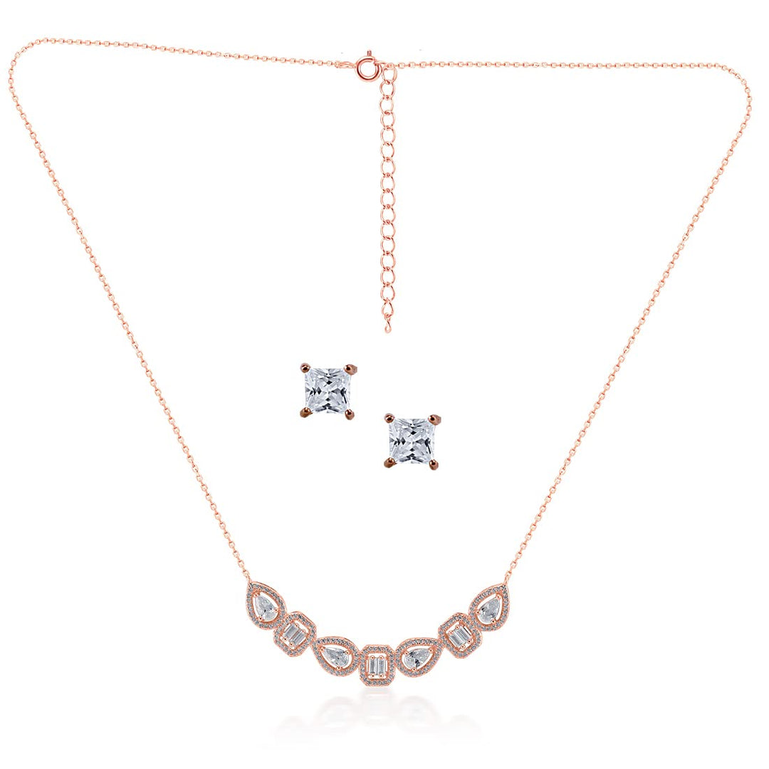 TARAASH 925 Sterling Silver CZ Rose Gold Necklace Set For Women