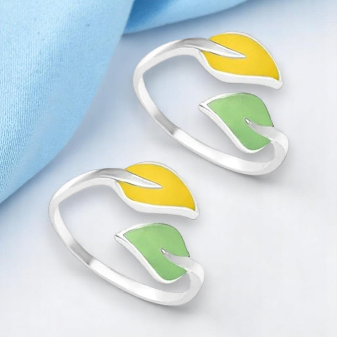 Taraash Top Openable Leaf with Multicolour Enamel 925 Silver Toe Ring for Women