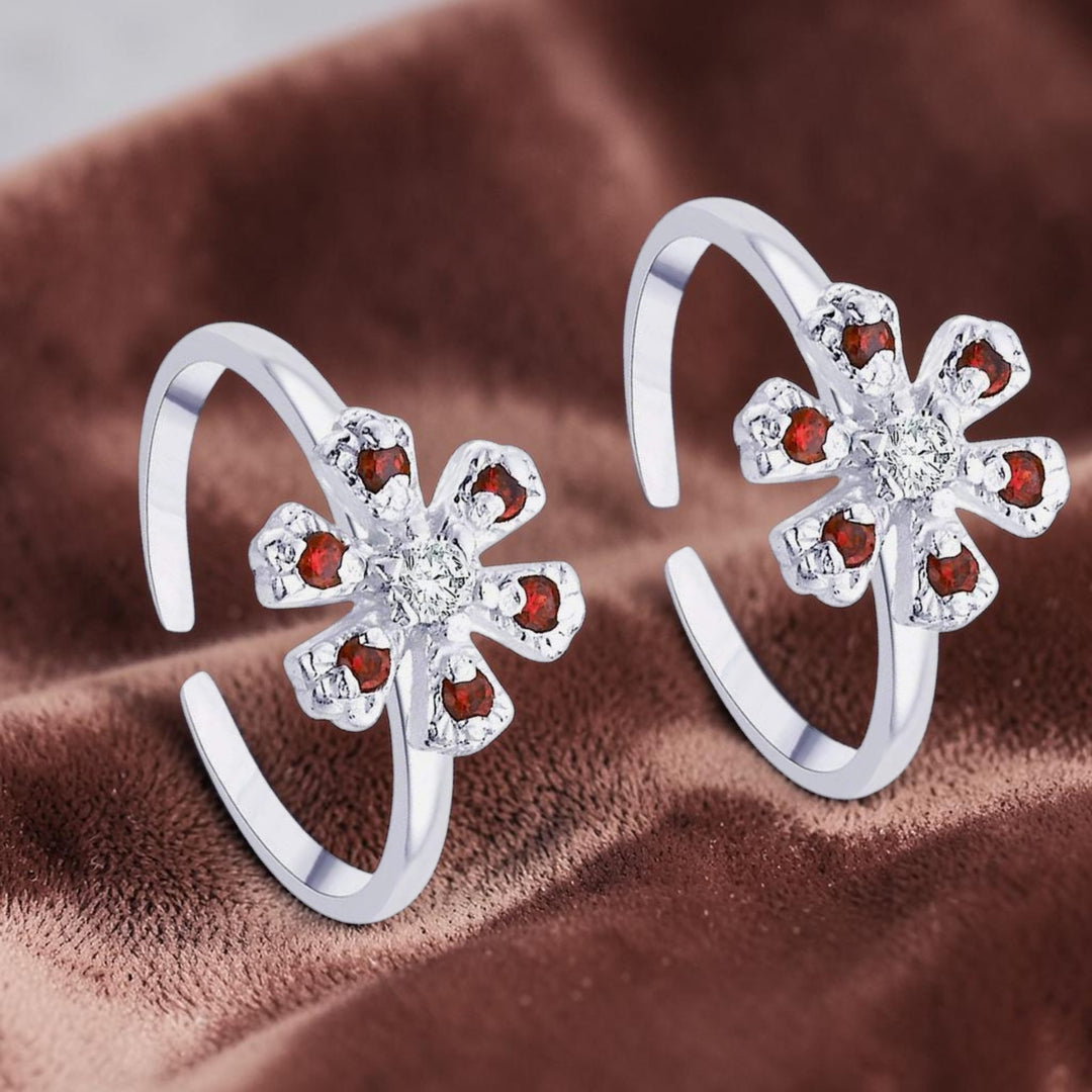 Taraash Red CZ Floral 925 Sterling Silver Toe Ring For Women LR0761S
