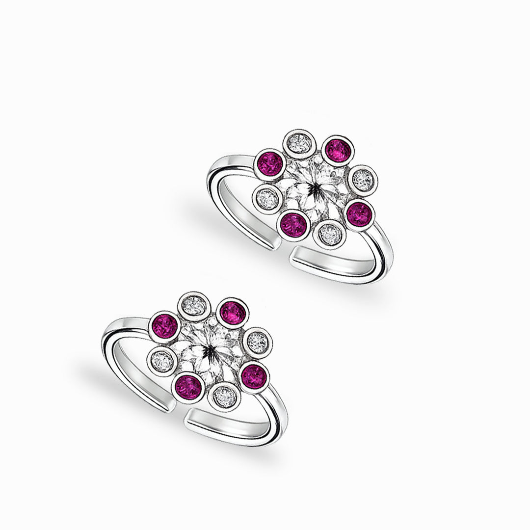 925 Sterling Silver Floral CZ Design Adjustable Toe Ring for Women