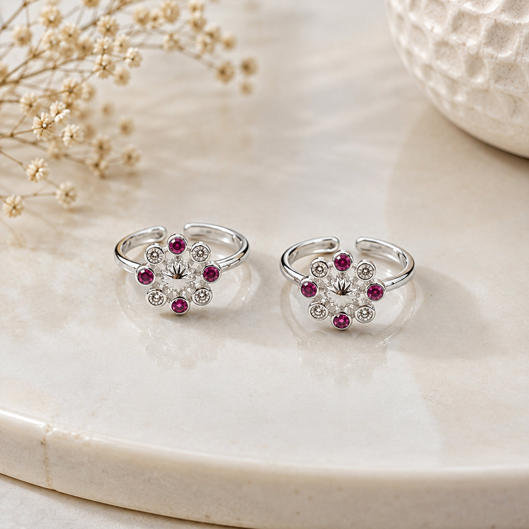 925 Sterling Silver Floral CZ Design Adjustable Toe Ring for Women