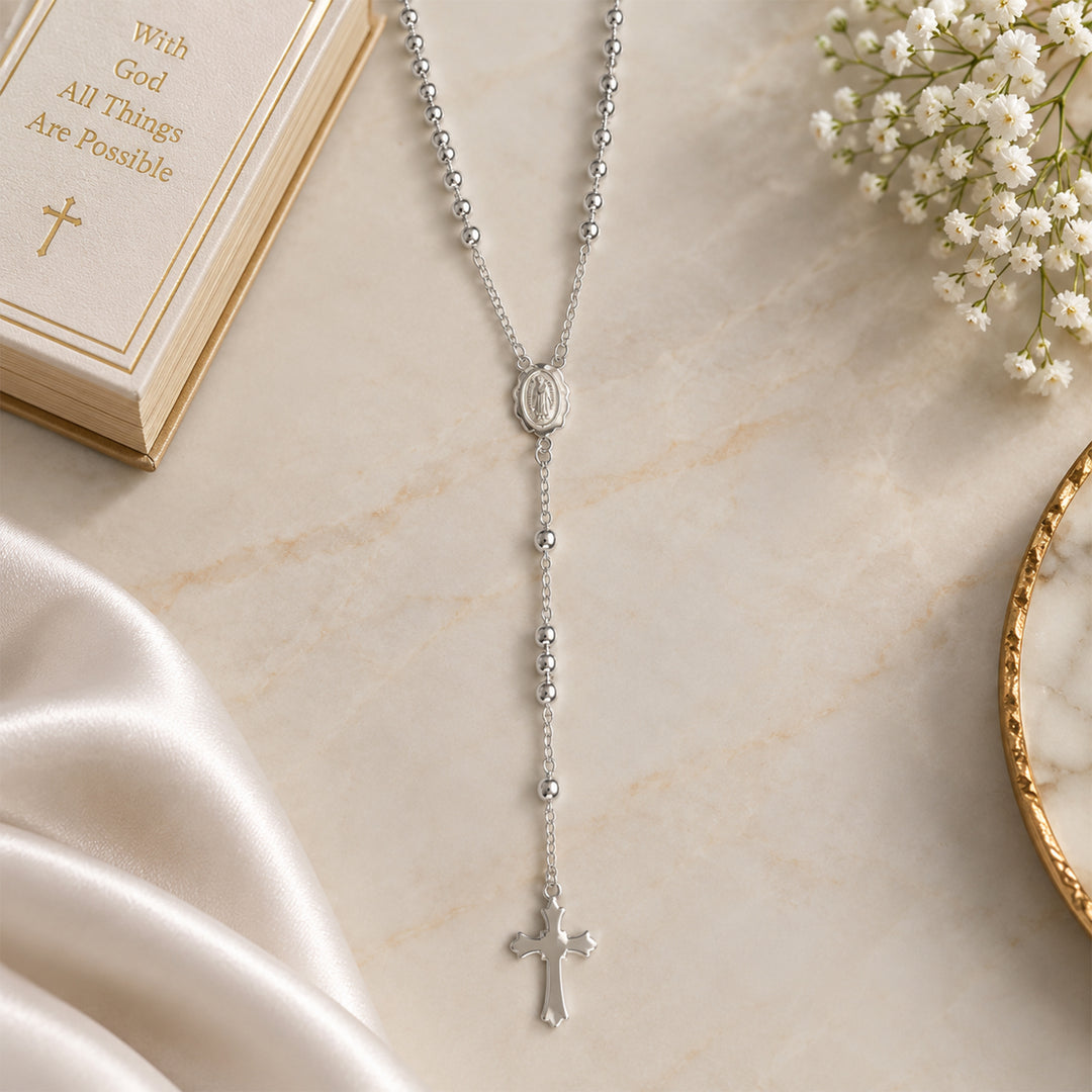 925 Sterling Silver Small Beaded Rosary Necklace For Women & Men