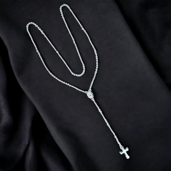 925 Sterling Silver Small Beaded Rosary Necklace For Women & Men