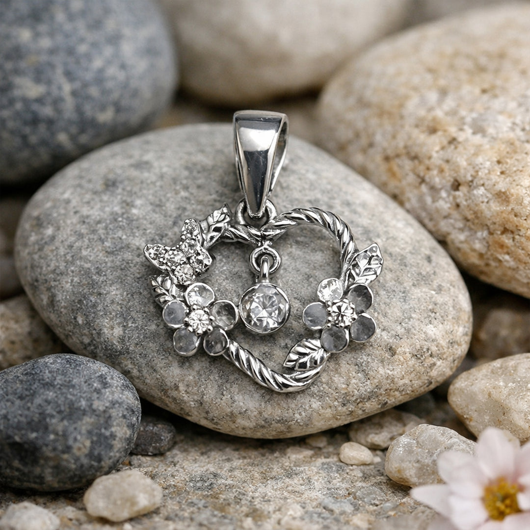 925 Sterling Silver Heart with Floral Design Pendant for Women