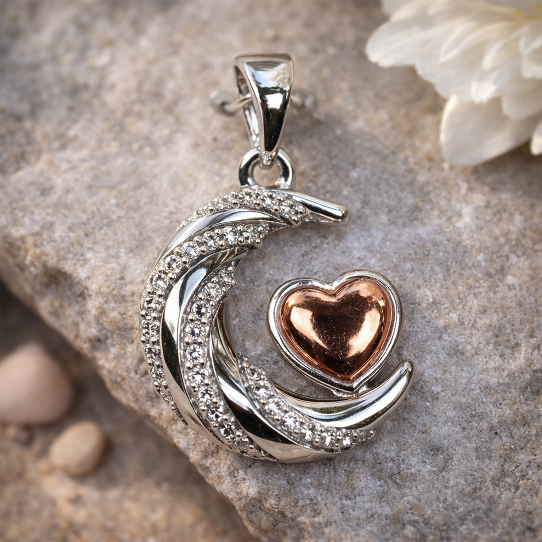 925 Sterling Silver Heart with CZ Moon Pendant for Women