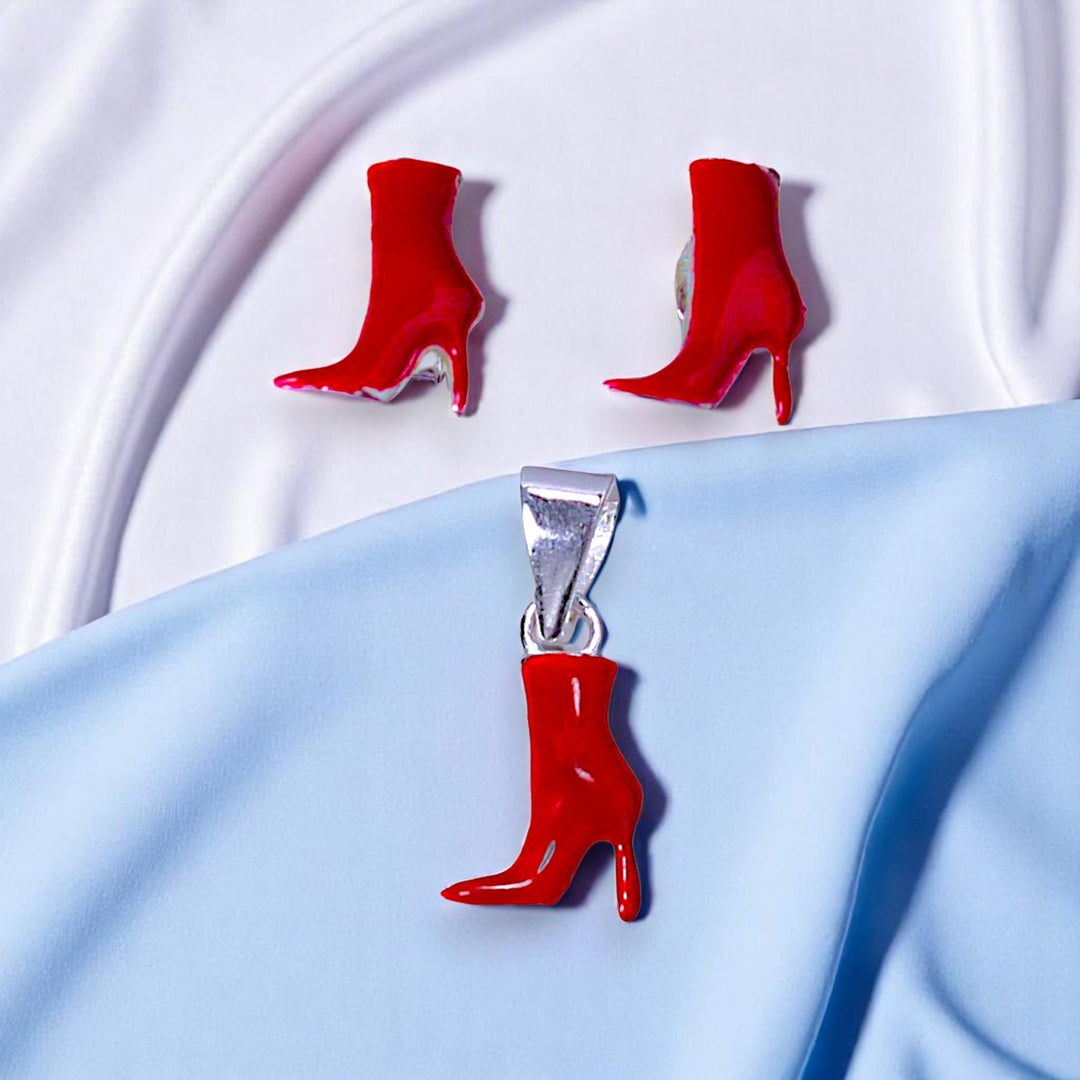 925 Sterling Silver Chic Red Stilettos Stud Earrings & Pendant For Girls