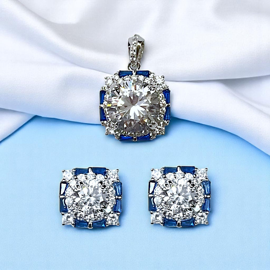 925 Sterling Silver Blue Baguette Stone Jewelry Set for Women