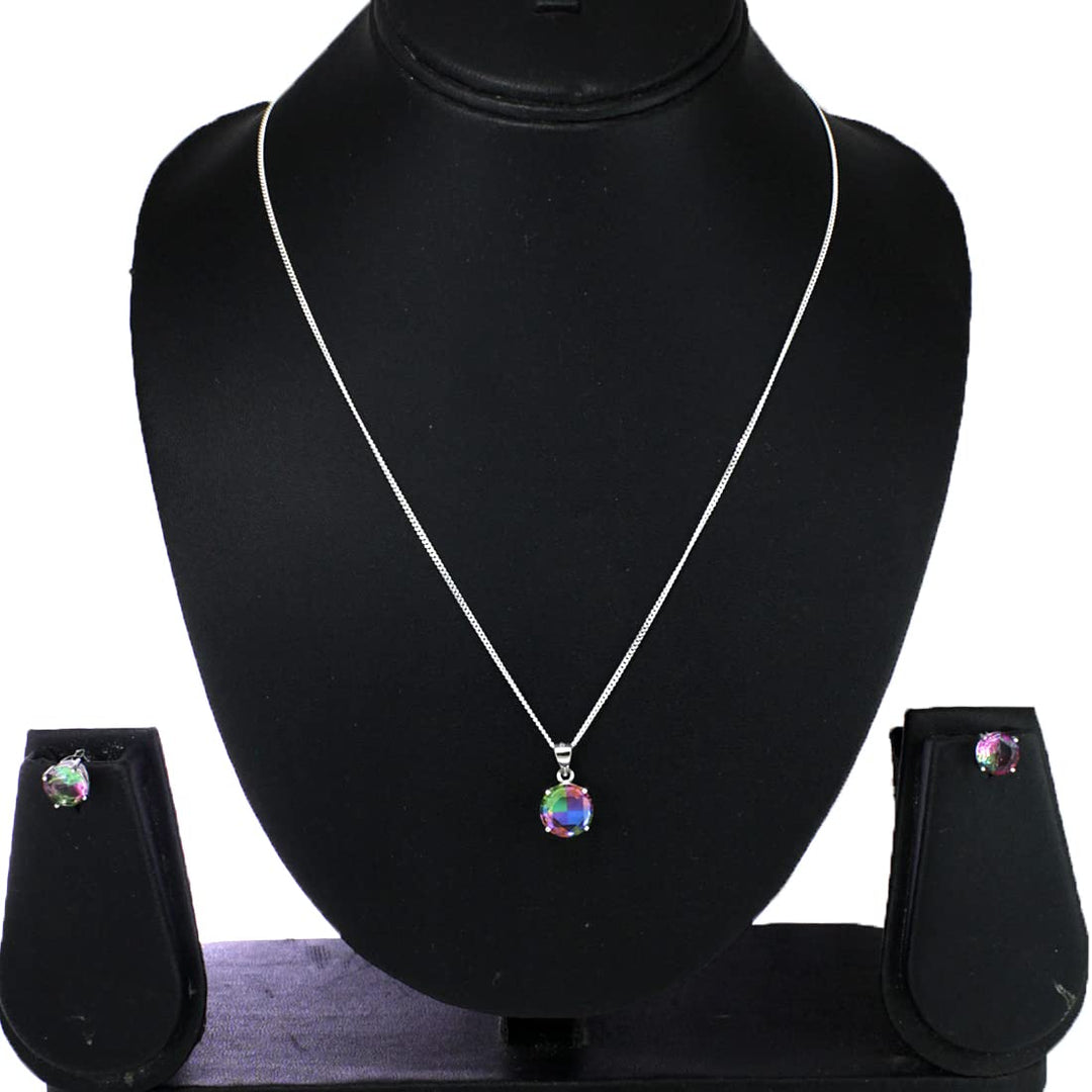 Rainbow Collection Taraash 925 Sterling Silver Multicolor Round Shape CZ Pendant Set For Women