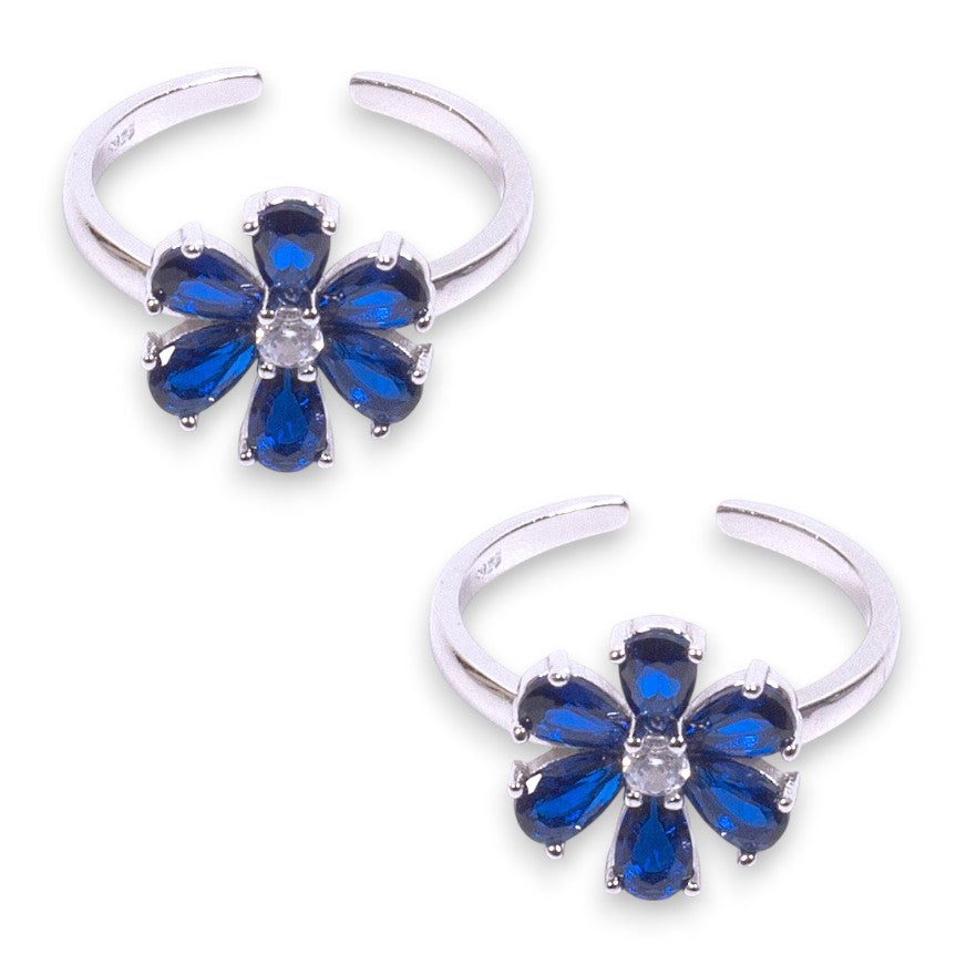 925 Sterling Silver Floral Blue CZ Adjustable Toe Rings for Women