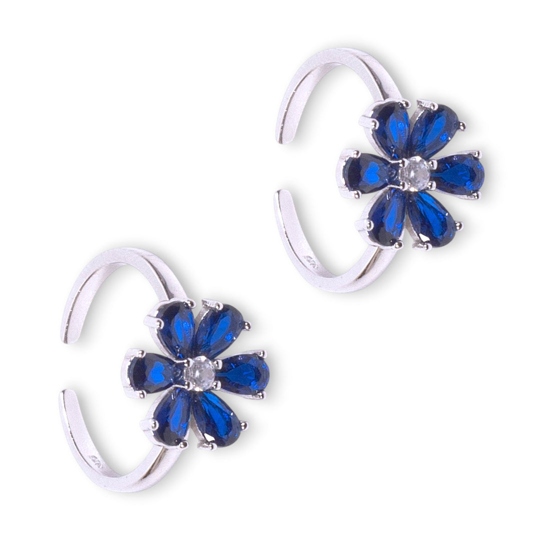 925 Sterling Silver Floral Blue CZ Adjustable Toe Rings for Women