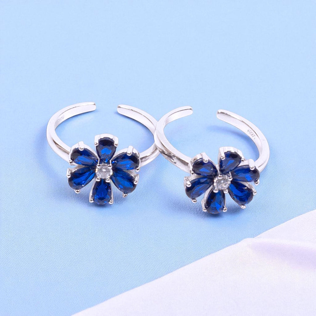 925 Sterling Silver Floral Blue CZ Adjustable Toe Rings for Women