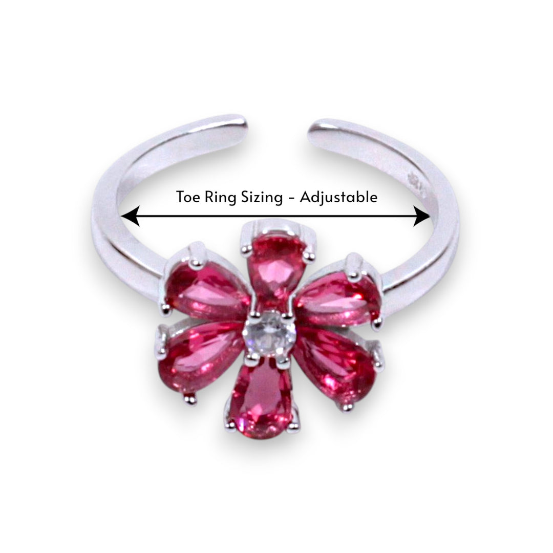 925 Sterling Silver Pink Floral CZ Adjustable Toe Ring for Women