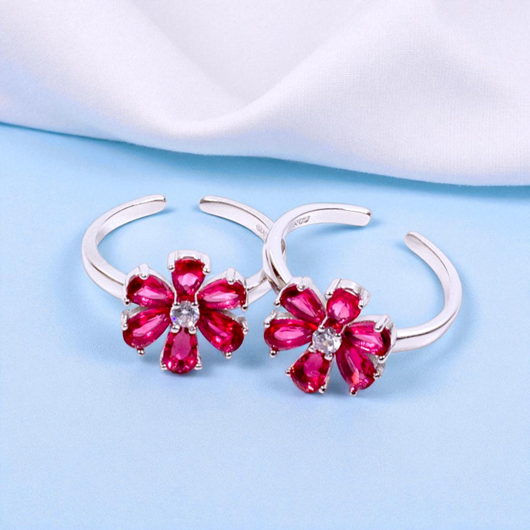 925 Sterling Silver Pink Floral CZ Adjustable Toe Ring for Women