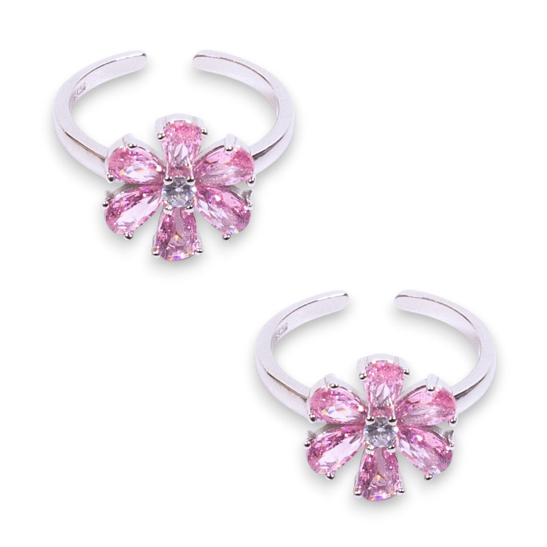 925 Sterling Silver Adjustable Floral Baby Pink Toe Rings for Women