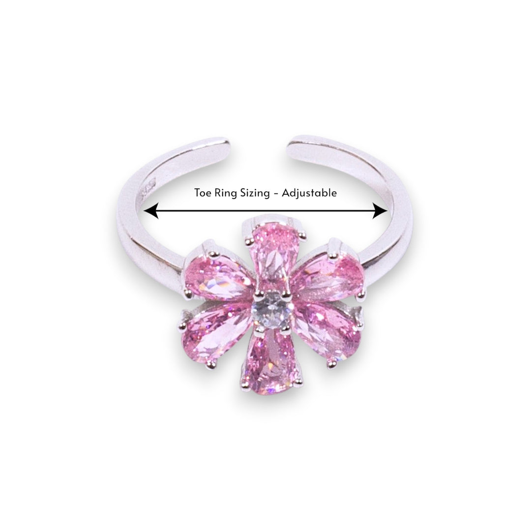 925 Sterling Silver Adjustable Floral Baby Pink Toe Rings for Women