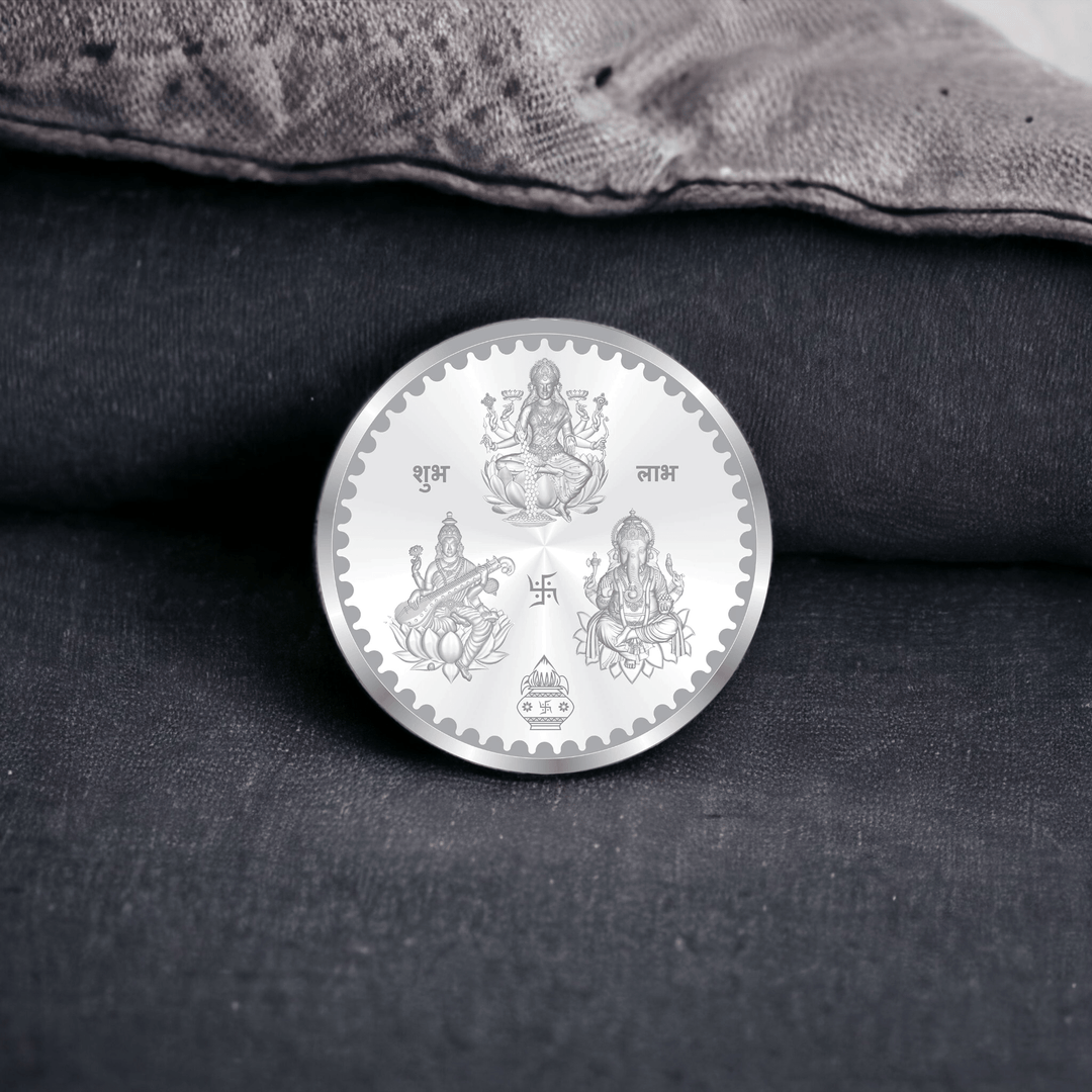 Taraash 999 Purity 10 grams Laxmi Ganesh Saraswati Silver Coin By ACPL - Taraash