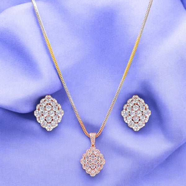 Taraash Sterling Silver CZ Rose Gold Diamond Shape Jewellery Set for Women - 925 Silver with Rose Gold Plating & 18 - Inch Chain - Taraash