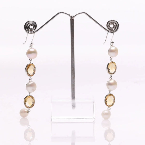 Blisse Allure 925 Sterling Silver Citrine and Pearl Dangler Earrings For Women - Taraash
