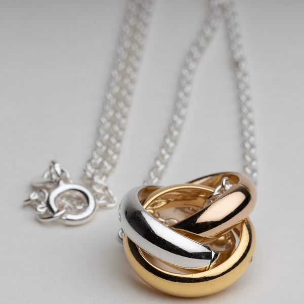 Blisse Allure 925 Sterling Silver Interwined 3 Tone Rings Necklace - Taraash