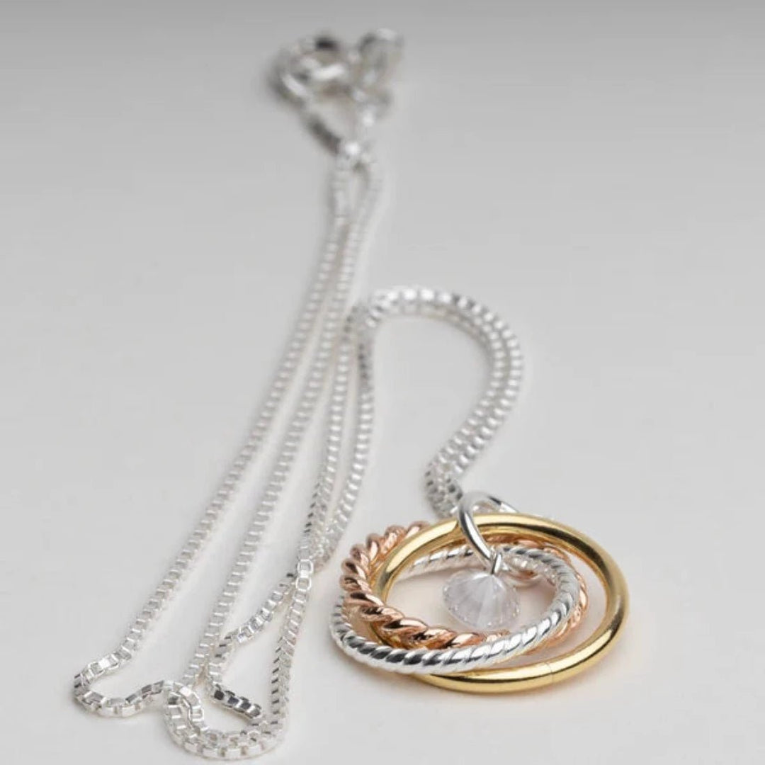 Blisse Allure 925 Sterling Silver Interwined 3 Tone Rings With Cz Drop Necklace - Taraash